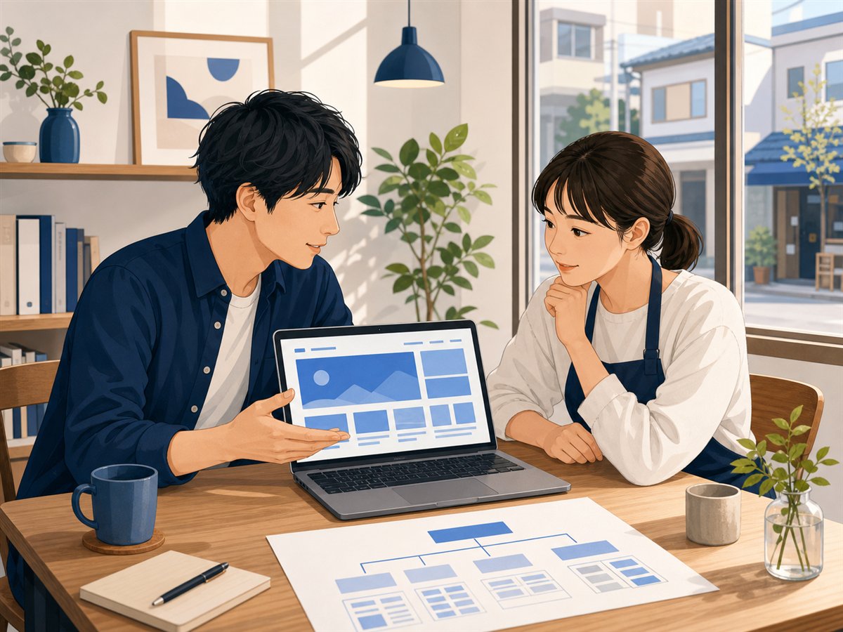 小規模店舗の事業主とホームページ制作について相談する様子